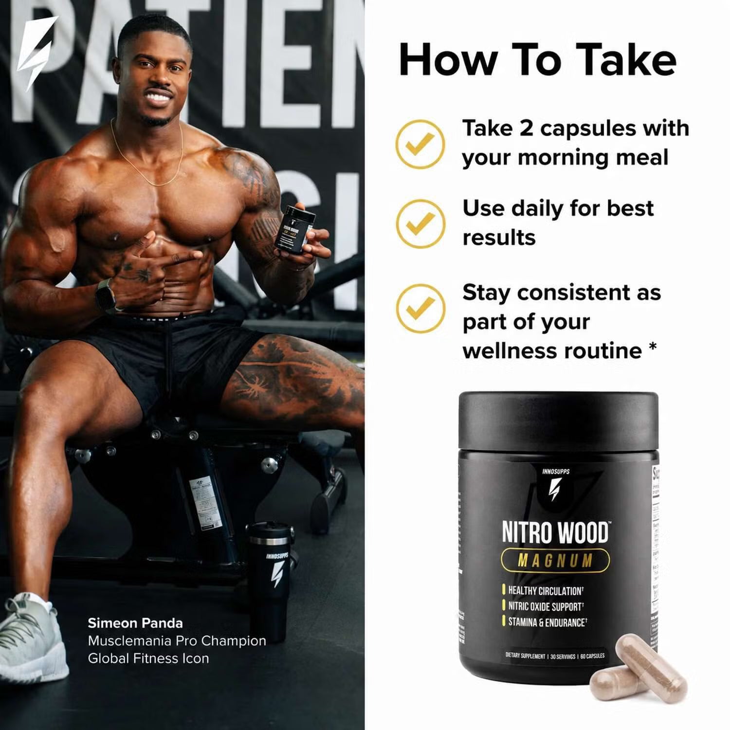 Promotional graphic for Nitro Wood Magnum dietary supplement. The left side features fitness icon Simeon Panda in a gym setting holding a bottle, while the right side displays a 'How To Take' guide with text and a black bottle of the supplement with two capsules.