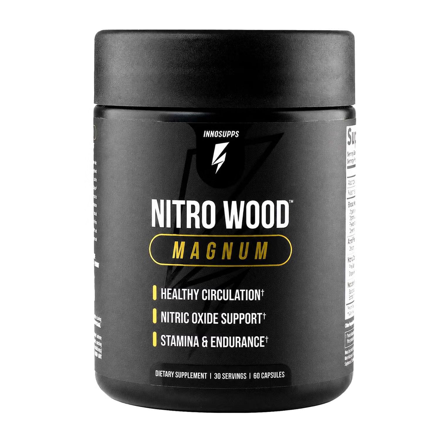 A black plastic supplement jar of Annuosupps Nitro Wood Magnum, featuring a black lid and a black label with white and yellow text.