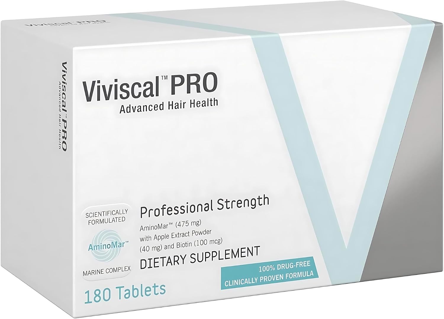 Viviscal PRO Advanced Hair Health Professional Strength dietary supplement box, 180 tablets, featuring a white and light blue design.