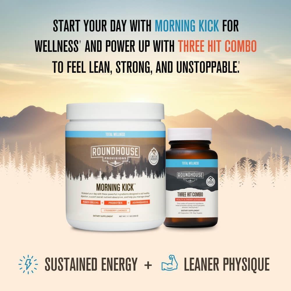 Roundhouse Wellness products with promotional text against a mountain and forest background