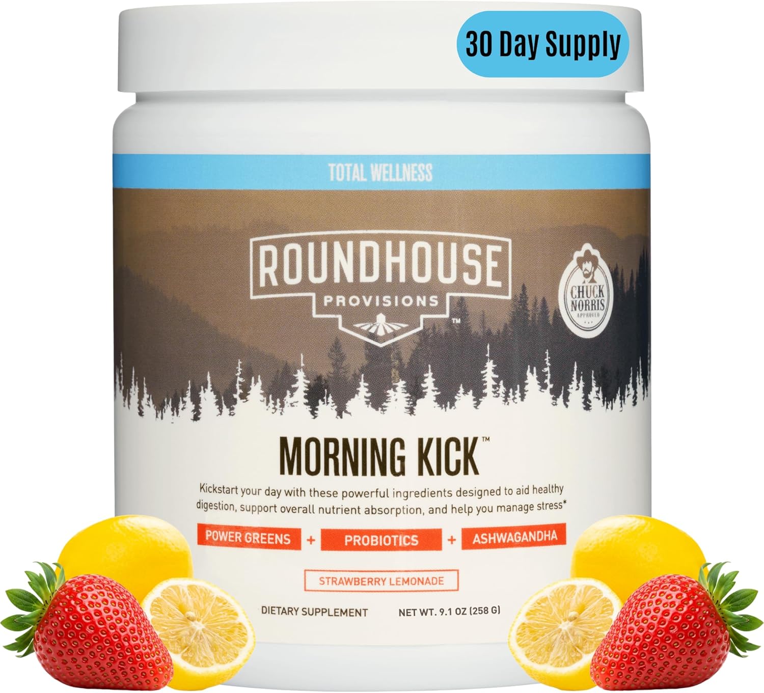 Roundhouse Provisions Morning Kick supplement container with strawberries and lemons on a white background