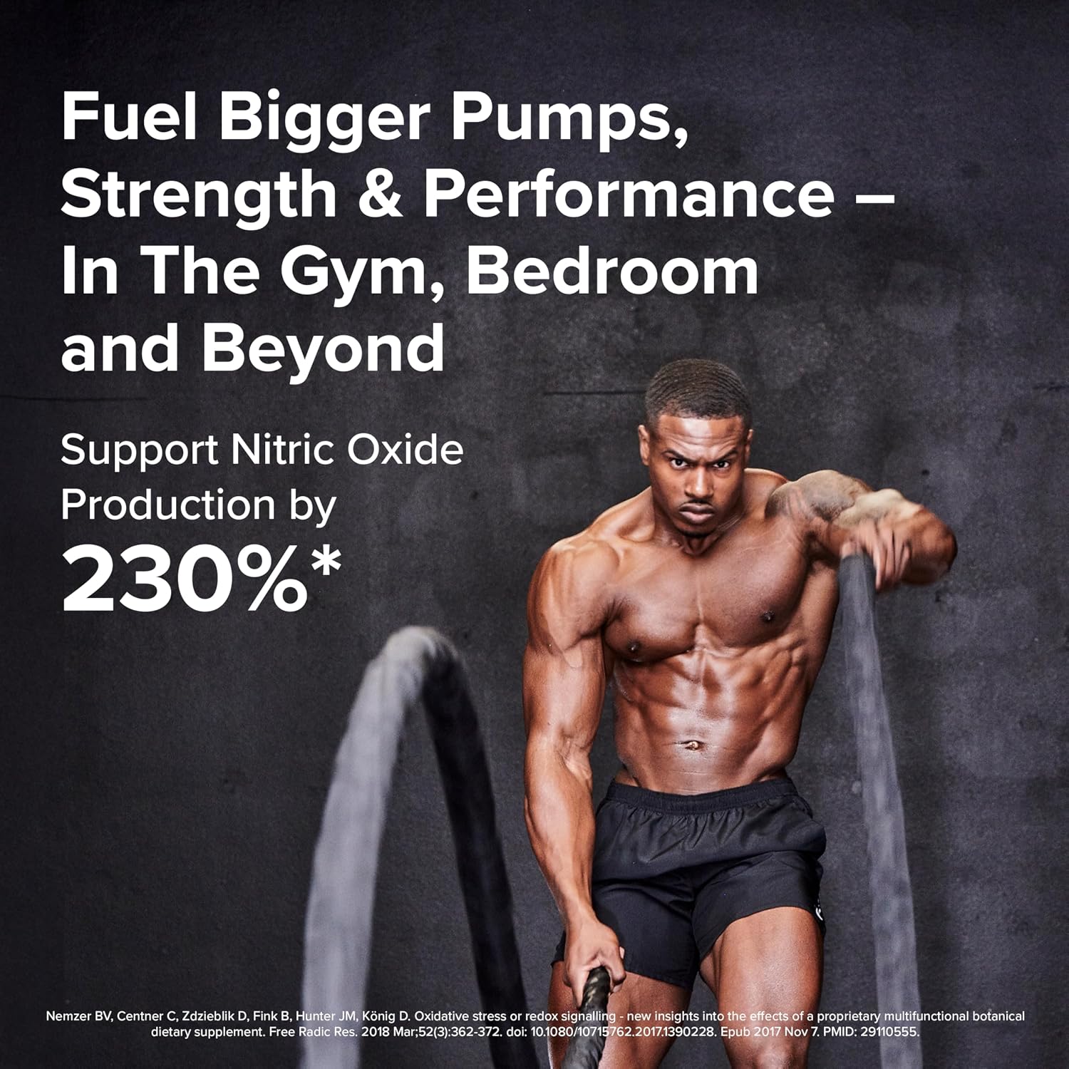 Muscular man lifting weights with text about nitric oxide support on a dark background