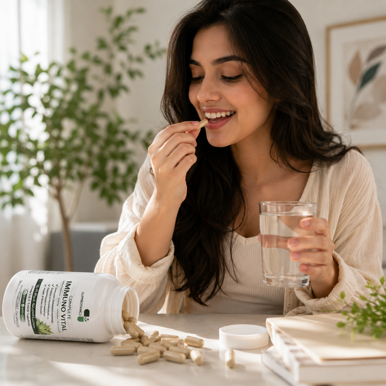 A woman in a cozy indoor setting smiles while taking a supplement capsule from an open white bottle labeled 'Majestic Vital'. She holds a glass of water, with scattered beige capsules on the table in front of her.