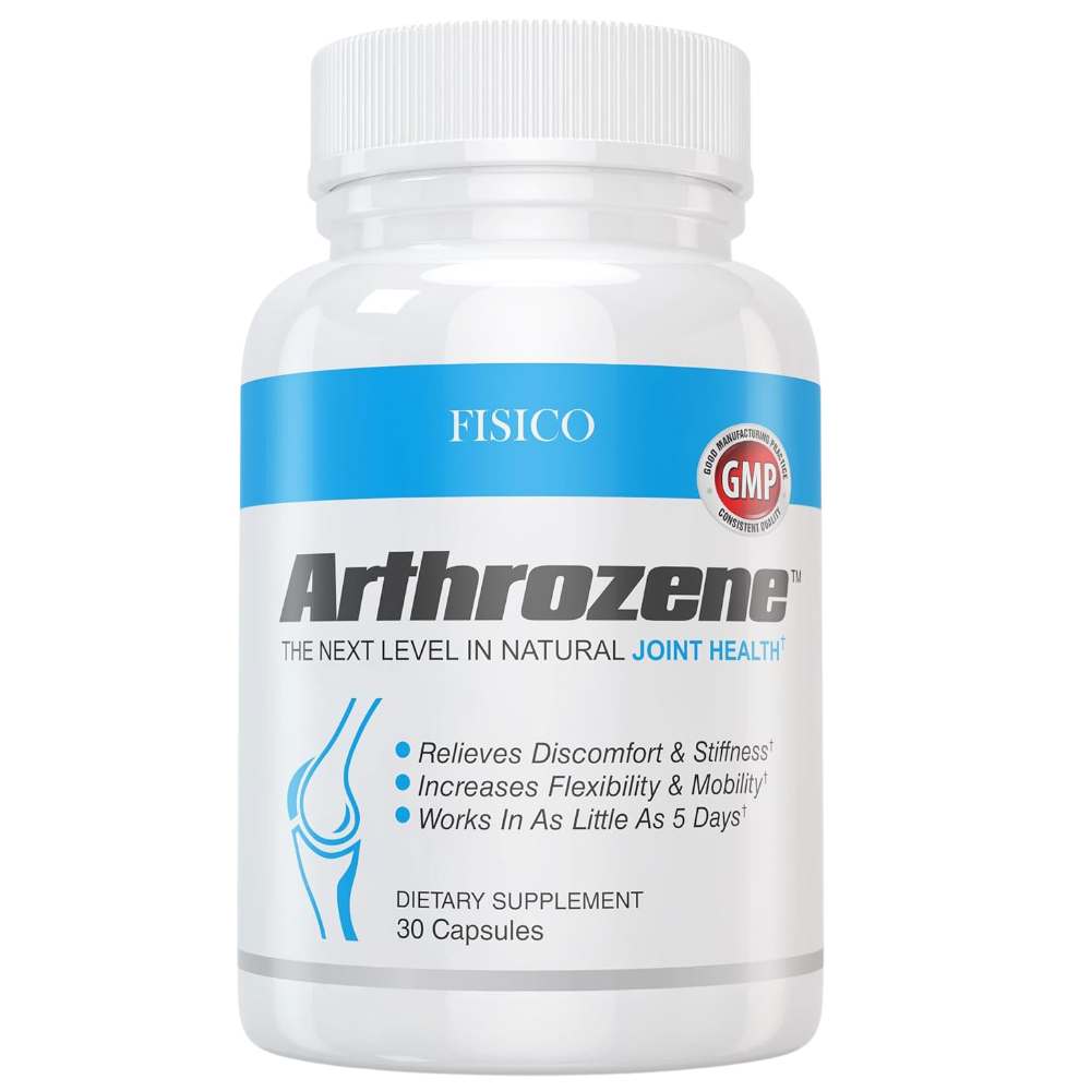 A white plastic bottle of Fisico Arthrozene dietary supplement with a blue and white label, containing 30 capsules.
