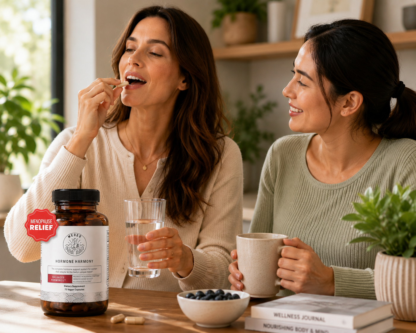 Two women sitting at a table in a bright, modern room. One woman is taking a supplement capsule from a bottle labeled 'NUTRIMAN' and drinking water, while the other smiles beside her holding a mug.
