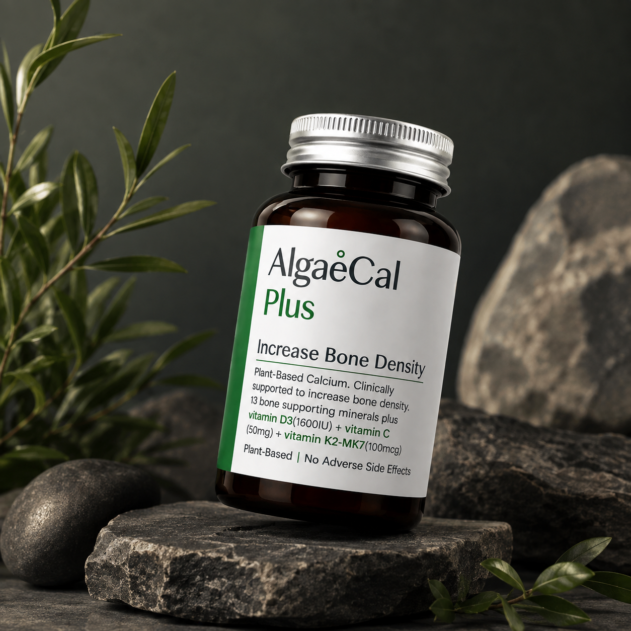  Increase Bone Density supplement in an amber glass bottle with a silver cap, styled on dark rocks with green leaves against a dark gray background.