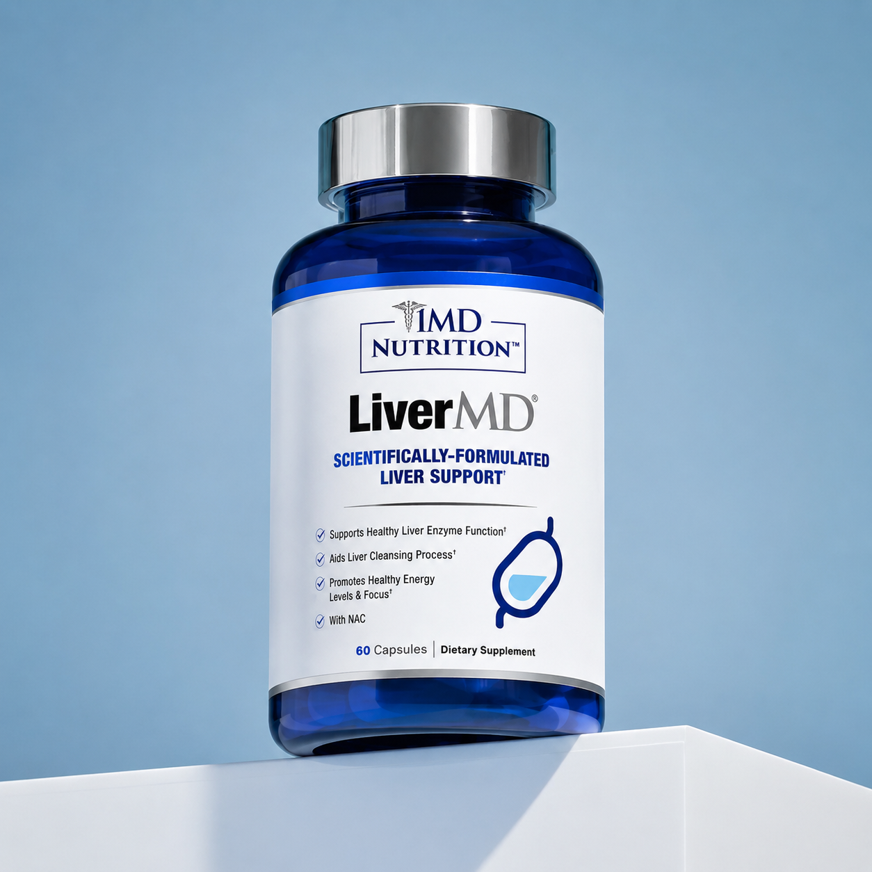 A bottle of Liver Health dietary supplement, featuring a blue translucent bottle with a silver cap and a white label, set against a light blue background on a white platform.