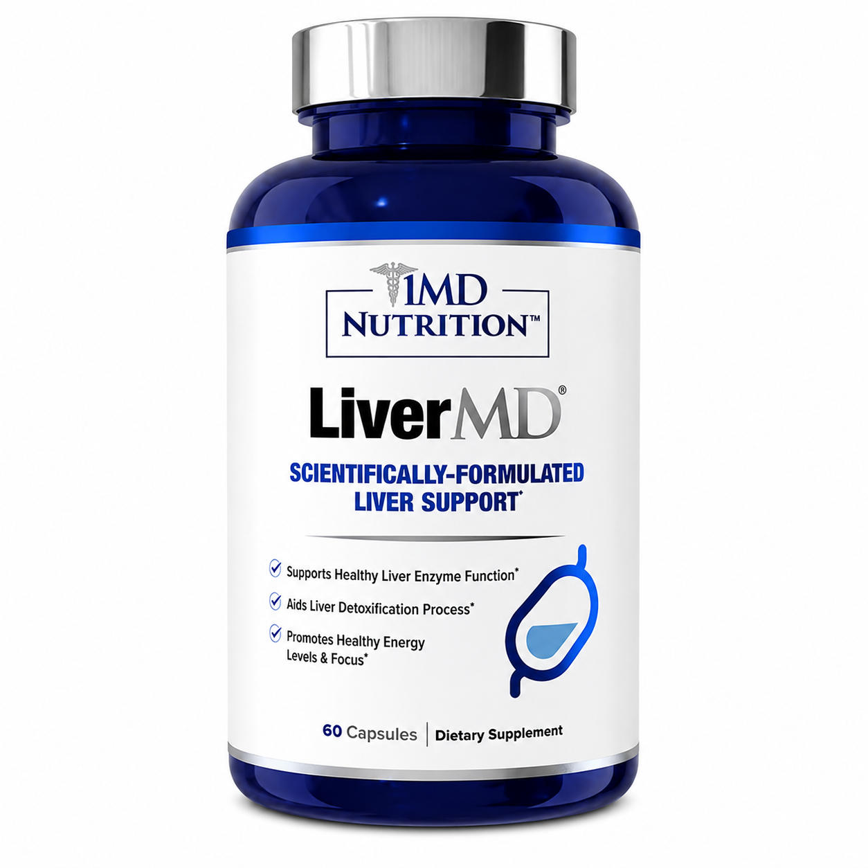 A bottle of Support Liver Health dietary supplement, featuring a white label with blue and black text on a dark blue bottle with a silver cap, set against a plain white background.