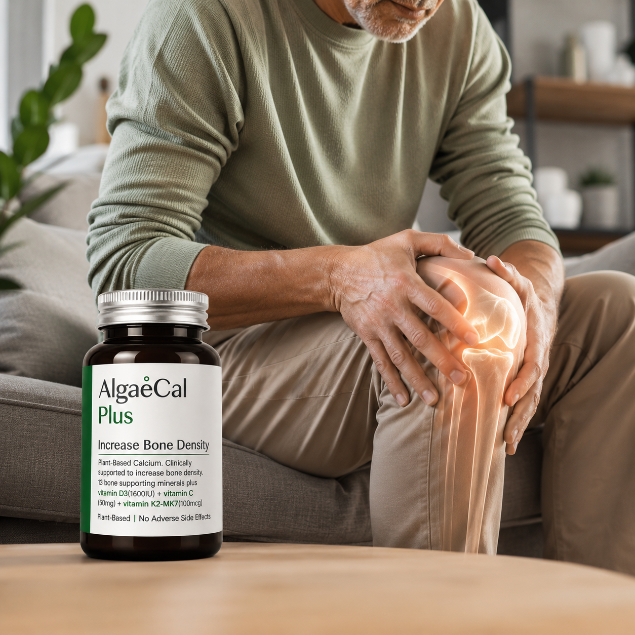 A man sitting on a couch holding his knee, with a glowing bone diagram overlaid on his knee to illustrate joint support. In the foreground is a dark bottle labeled  Increase Bone Density, placed on a wooden table.