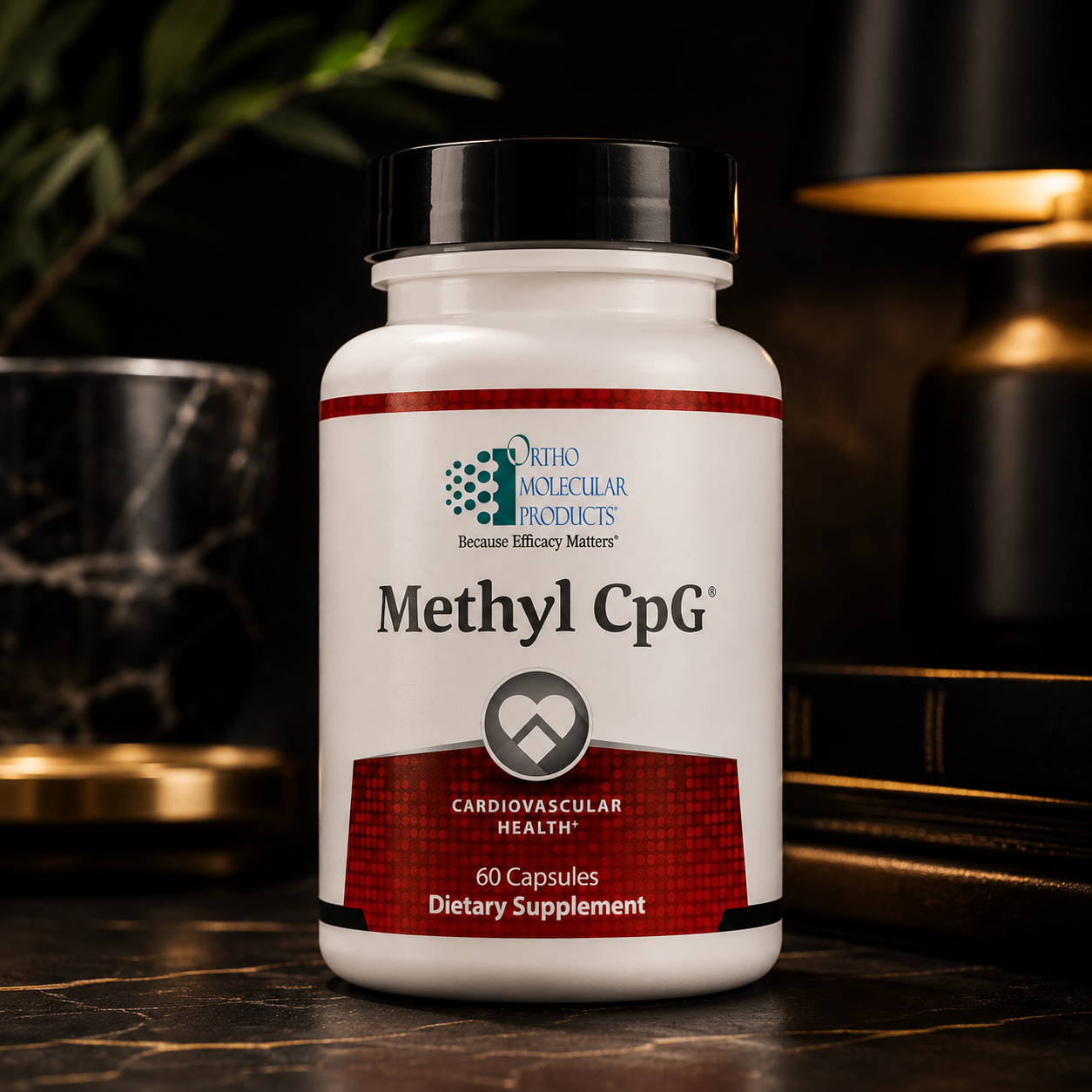 A white bottle of dietary supplement with a black cap, set on a dark wooden table with a blurred background.