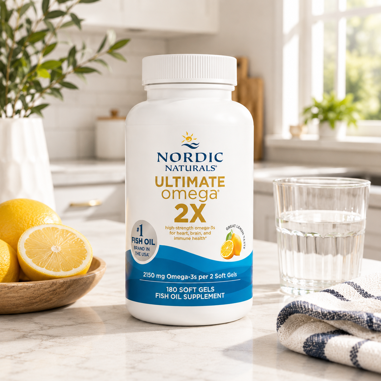 A bottle of high strength Omega 3 fish oil supplement stands on a kitchen counter, with lemons, a glass of water, and a striped cloth nearby in a bright kitchen setting.