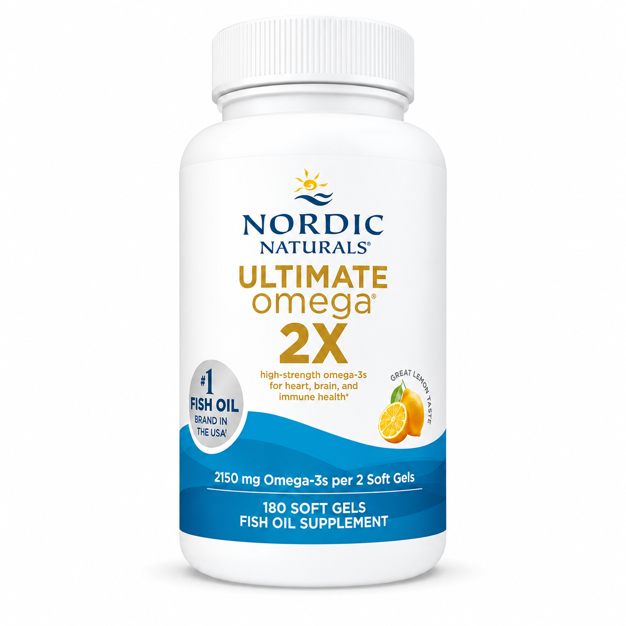 A white plastic bottle of  Ultimate Omega 2X fish oil supplement with a white cap, featuring blue and gold text and a blue lower band on a white background.