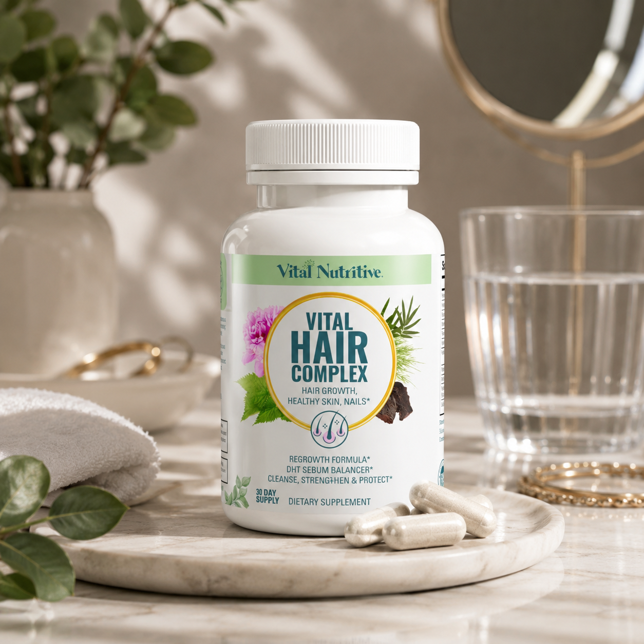 A bottle of Vital Nutritive Vital Hair Complex dietary supplement stands on a marble tray with capsules in front, styled on a bathroom counter with a glass, towel, and mirror in soft natural light.