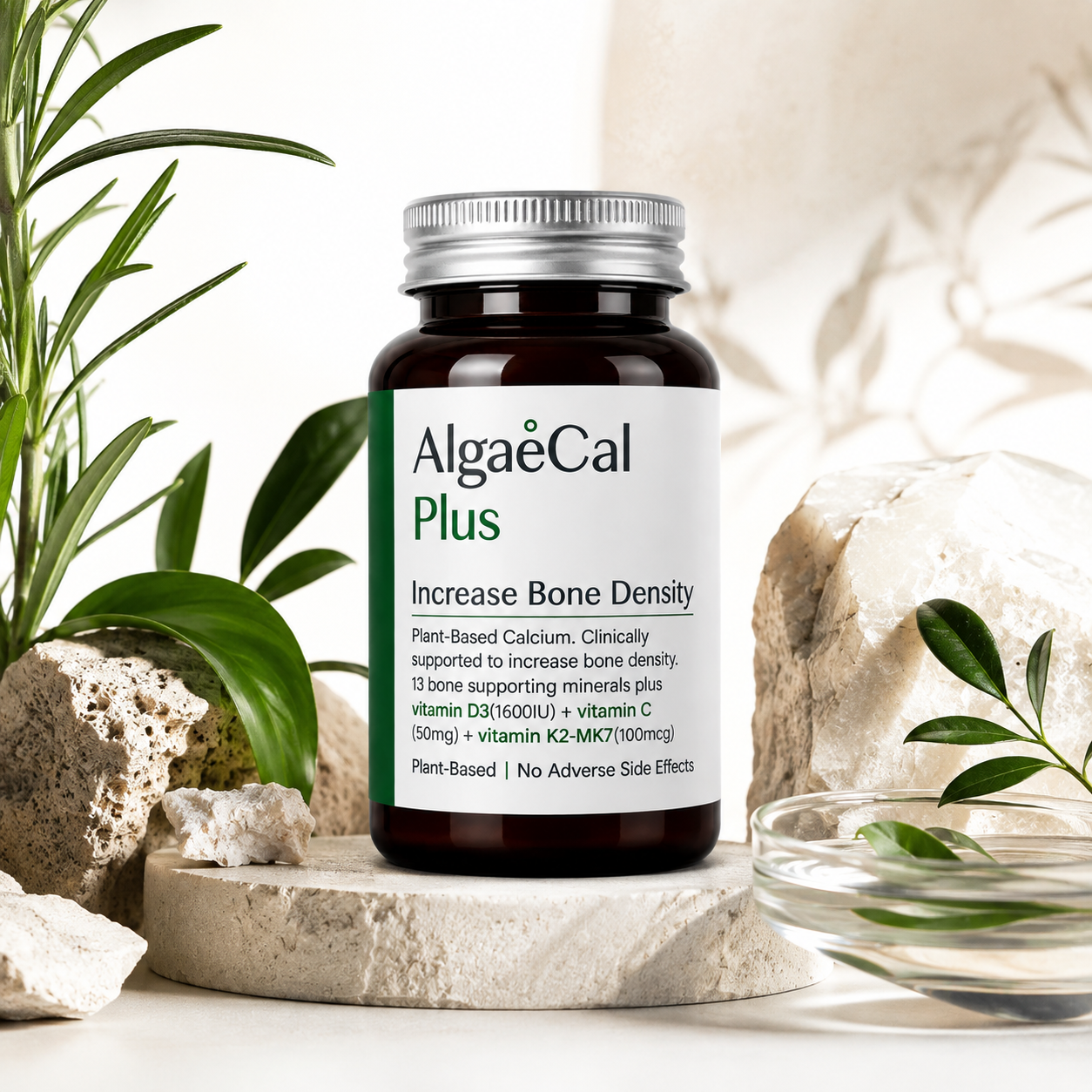 A bone strength supplement bottle with a white label and silver cap, styled on a stone pedestal with plants and rocks in a bright, natural setting.