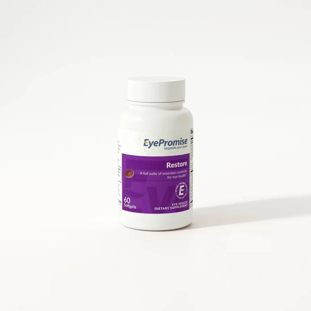 EyePromise Restore eye health supplement open bottle showing softgels