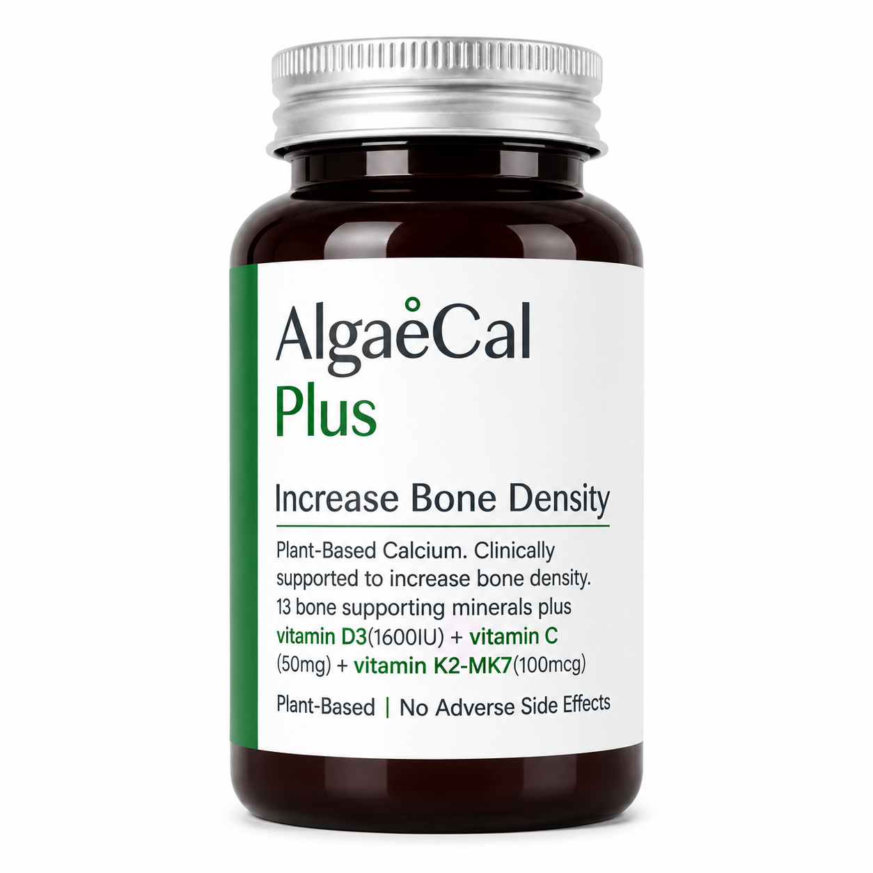 Plant based supplement bottle for increasing bone density, featuring a dark amber glass bottle, a silver metal cap, and a white label with green and black text.